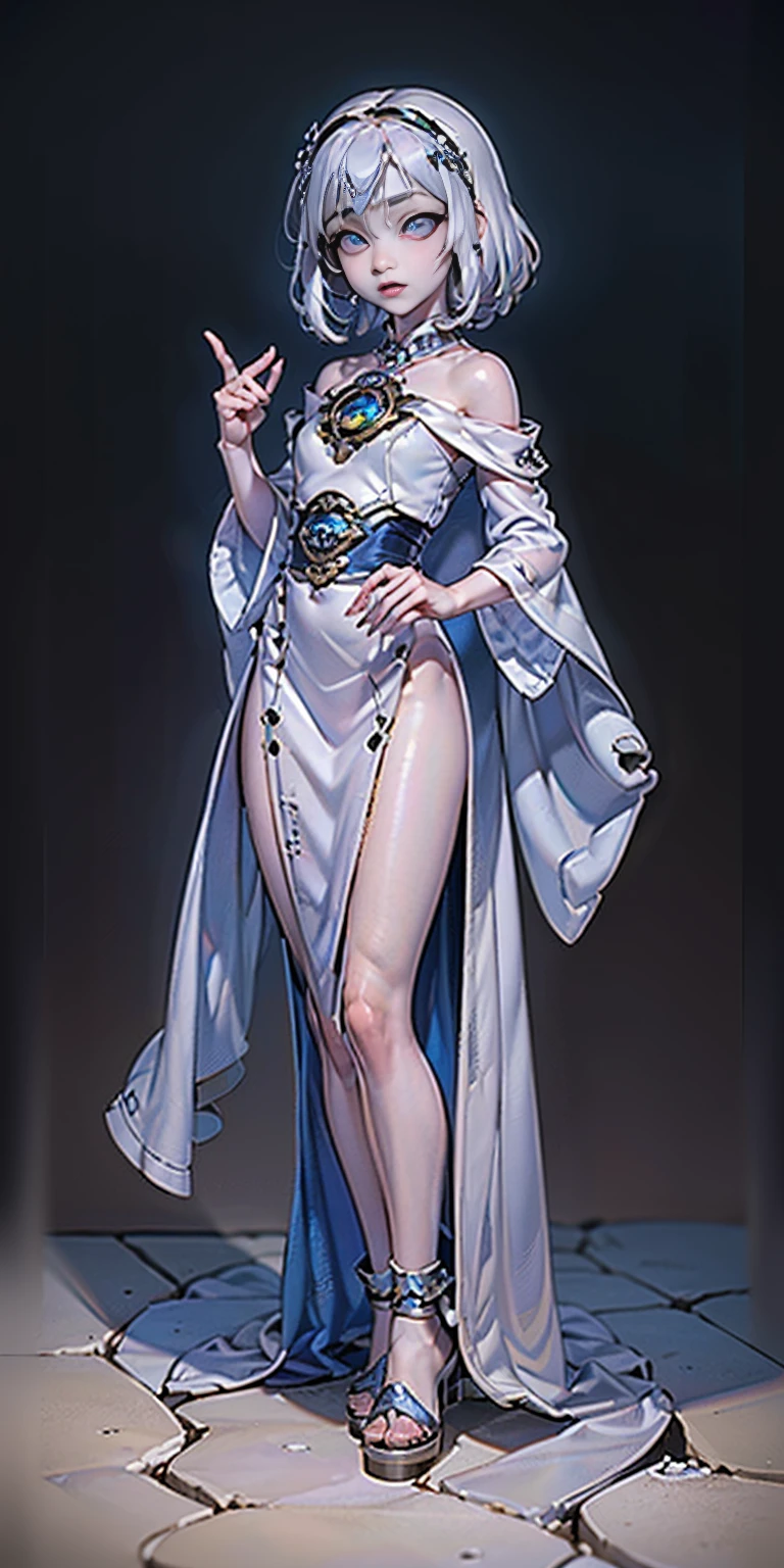 (little loli:1.3), (child:1.2), (Girlish body type), (masterpiece), (best quality), Exquisite visuals, high-definition, (ultra detailed), finely detail, ((solo)), ((gawr gura)), (medium hair), (white Silver hair), (gradient Blue), (beautiful detailed eyes), Kawai, loveliness, off shoulder, looking at viewer, bare shoulders, standing, ((full body)) pale skin