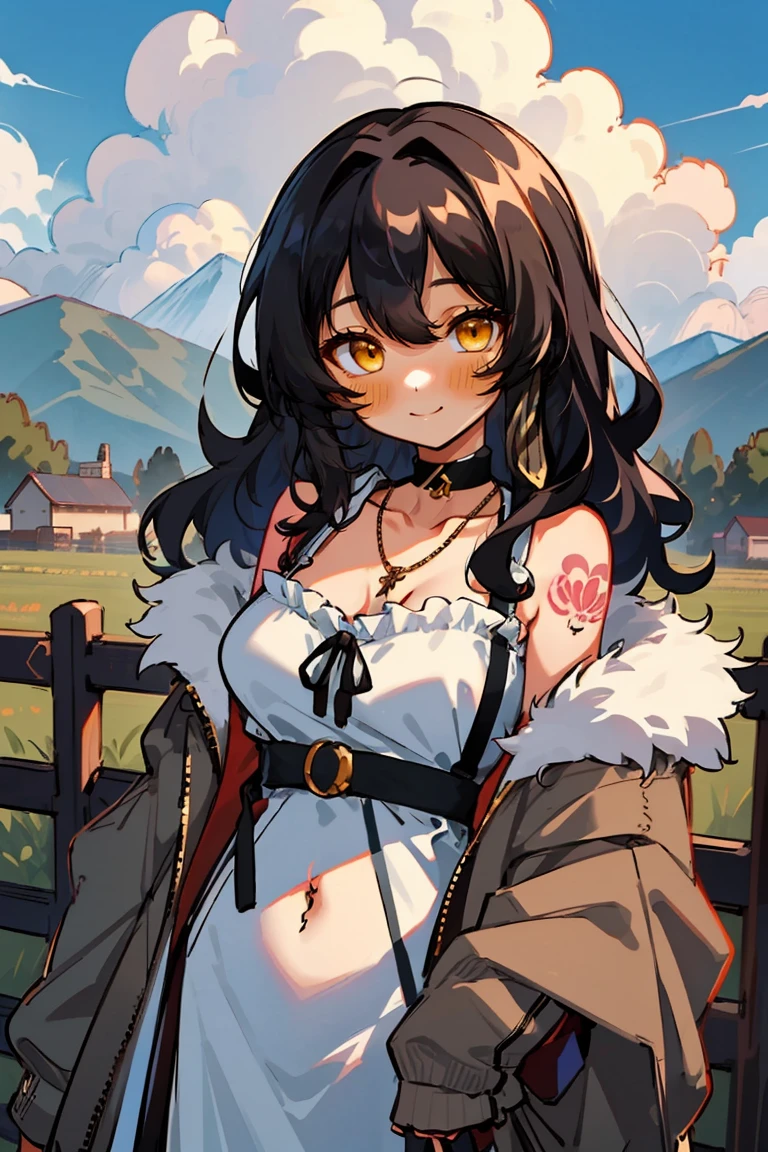 (masterpiece:1.2), (high quality:1.2), hui xiyi, rekkyo sensen, rekkyou sensen, (long wavy hair, one side up:1.54), solo focus, hand up, waving, girls with((black hair, bare shoulders, breasts,choker, cleavage,coat,collar,collarbone,cowboy shot, dress, frills, fur, fur collar, fur trim, hood down, hooded jacket, hoodie, jacket, large breasts, long hair, long sleeves, belt, suspenders, medium breasts, medium hair, necklace, open clothes, open hoodie, sleeveless, solo, winter clothes, zipper, navel, stomach tattoo, tattoo, upper body)), background with ((architecture, blue sky, bush, castle, village, no humans, cloud, cloudy sky, day, fence, field, garden, grass, hill, house, lamppost, landscape, mountain, mountainous horizon, nature, no humans, outdoors, scenery, shrine, sky, tower))