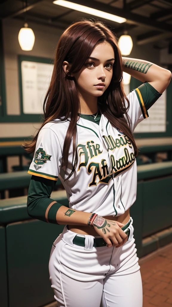 Pitite 18 year old girl, skinny, dark red hair, baseball player for the Oakland A's, tribal full sleeve tattoo on left arm.