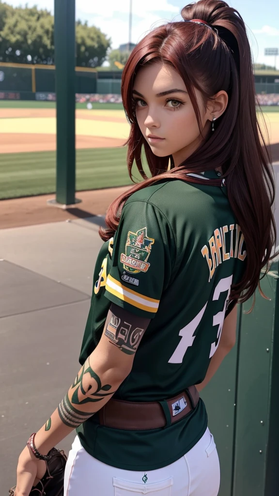 Pitite 18 year old girl, skinny, dark red hair, professional baseball player for the Oakland A's, tribal full sleeve tattoo on left arm.