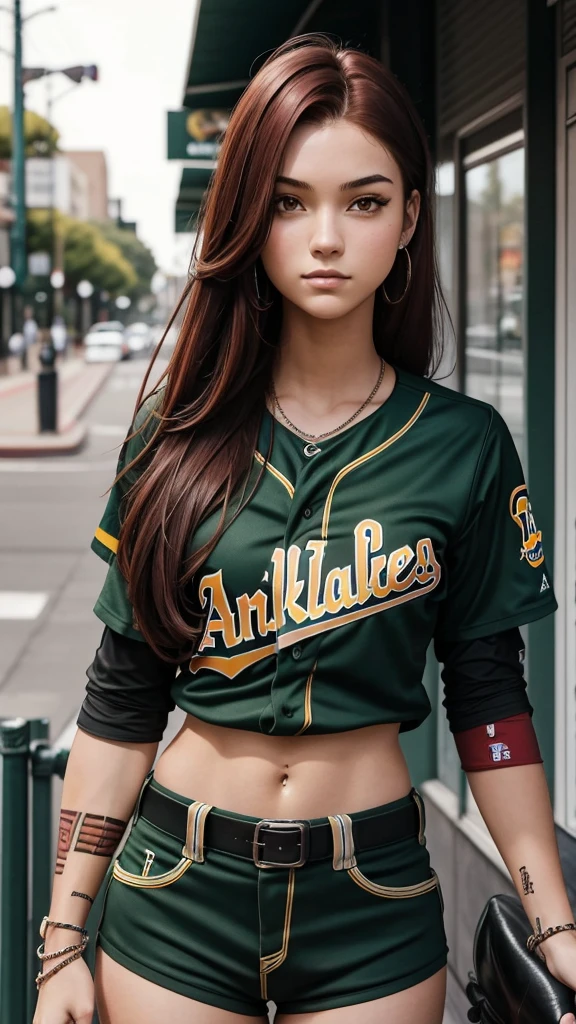 Pitite 18 year old girl, skinny, dark red hair, professional baseball player for the Oakland A's, tribal full sleeve tattoo on left arm.