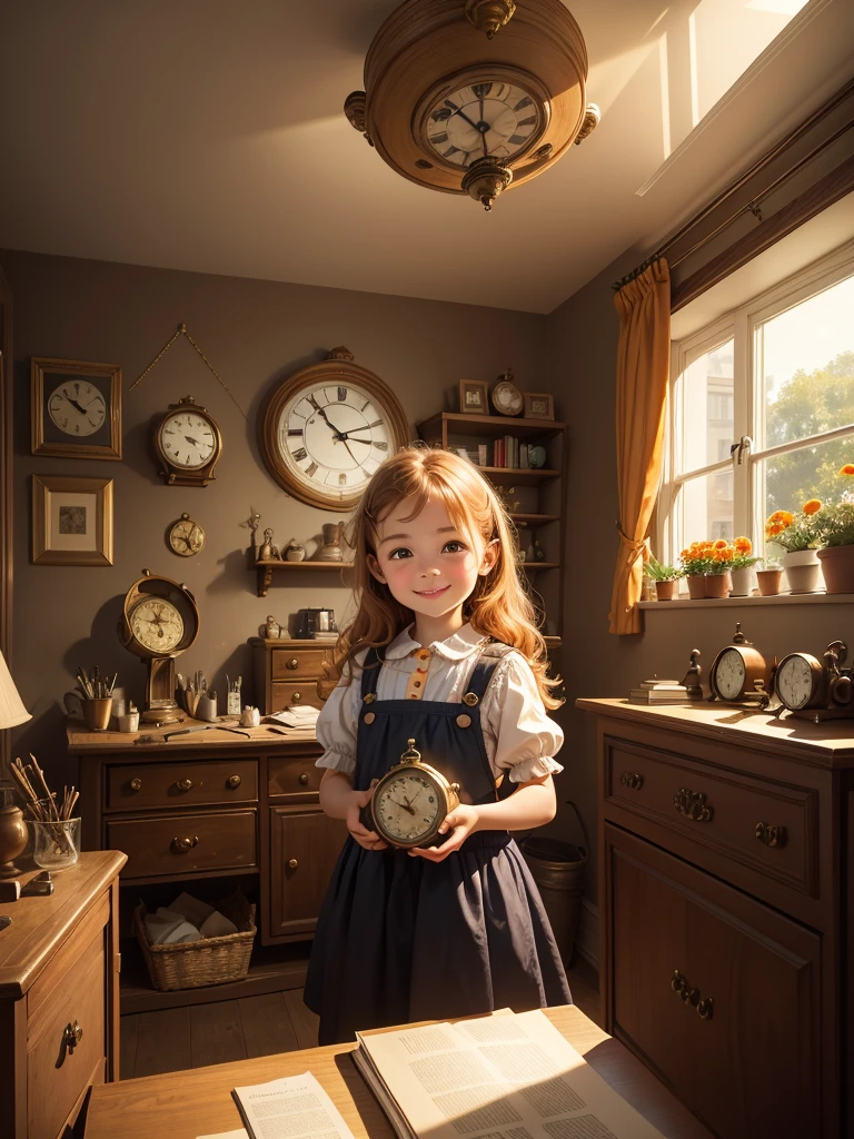 The best picture quality, a room with so many clocks of various shapes and sizes that they fill the walls and shelves, a young five-year-old girl with a big head and at a desk repairing a precision clock, chestnut hair, surprisingly very large and sparkling eyes, a friendly, bright, cute and happy smile, orange summer flowers blooming outside the window,