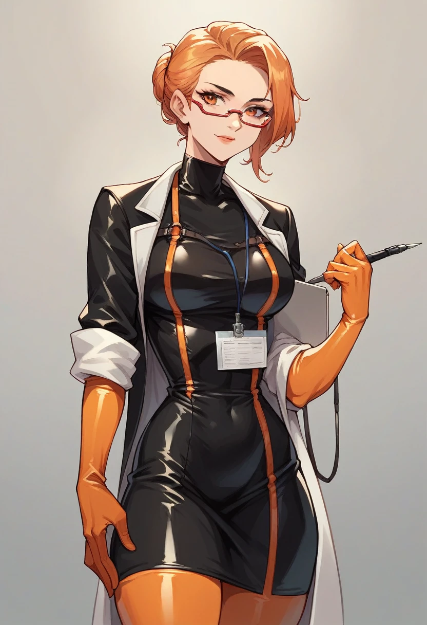 1girl, ((orange elbow gloves)), ((surgical gloves)), ((latex gloves)), ((long sleeves)), ((black surgeon outfit)), ((black doctor outfit)), looking at viewer, standing, solo