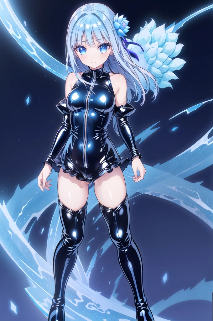 1girl,solo,full body,standing,(blue hair:1.2),(long hair), straight hair,bangs,ice flower ornament,(blue eyes:1.2), (beautiful fingers:1.4),(perfect anatomy:1.4),(arms_behind_back:1.6),(blue leather lace glossy silk lamé leotard:1.2),(latex luster shiny glossy:1.6),(shiny_clothes:1.6),medium breasts,beautiful breasts,masterpiece,best quality,(Ultra high definition eyes:1.2),8k,(Beautiful detailed eyes:1.2),(Fine and beautiful eyes:1.2),(pretty eyes:1.2),finely detail,extremely CG, absurdres,high resolution,illustration,Detailed and beautiful outlines,finely detail,high resolution,(colorful refraction:1.4,Increase saturation:1.2),beautiful lighting,dynamic lighting,closed room,black background,simple background, smile,looking at viewer,mabel rayveil, hair ornament, flower, hair flower, blunt bangs,long sleeves,blue dress, (jacket), shorts, puffy sleeves, short shorts, black shorts,(blue thigh boots:1.4)