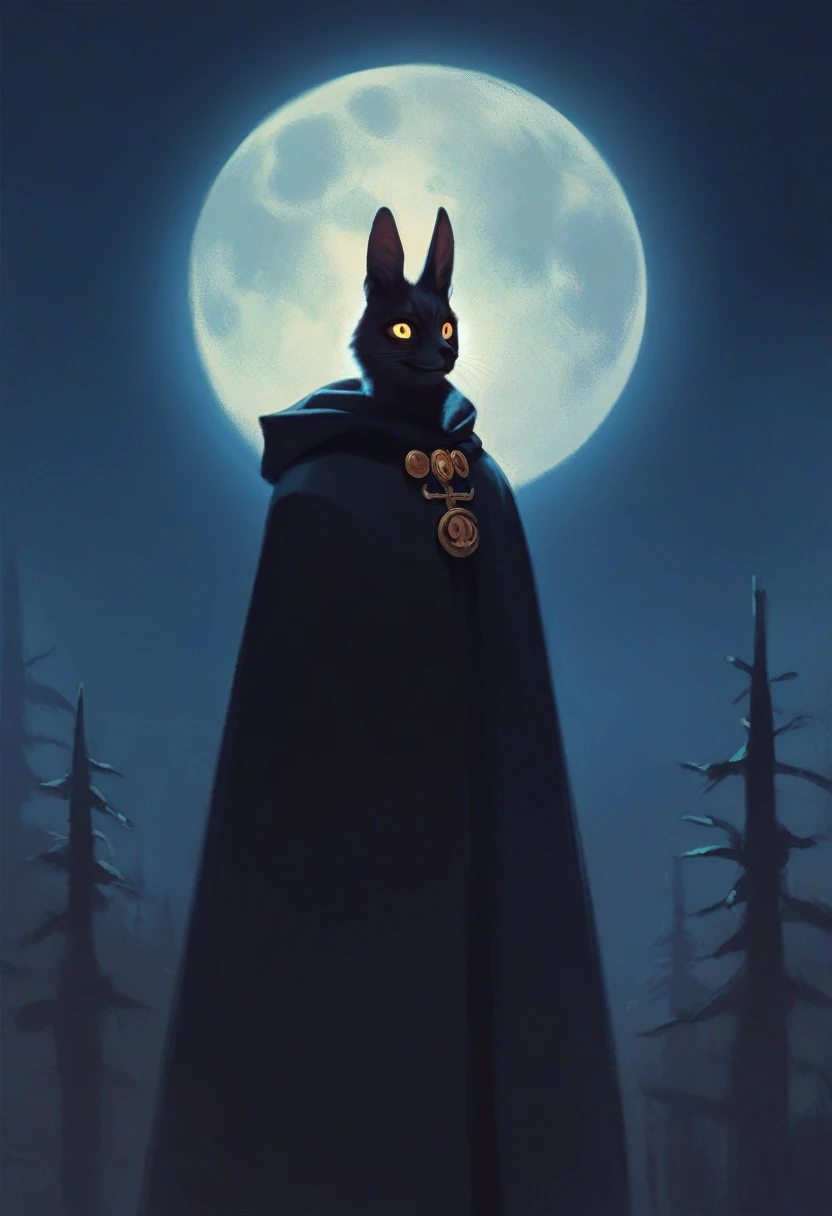 tall, old and mature scary black furry bunny standing under the moonlight wearing a cloak and has glowing yellow eyes with a creepy smile , dark background, high detail, no light, woods landscape in the middle of the night, mistic, full moon, moonlight, (flat shading:1.2), (minimalist:1.4)