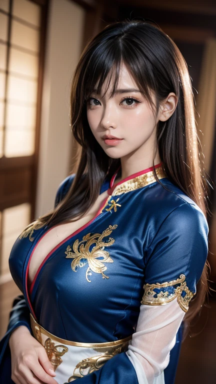 Playboy Magazine Portfolio、One Girl, Highest quality、masterpiece、Ultra-high resolution、fashionable、mode、(Cowboy Shot),(Realistic), (Ultra-realistic), (Ultra-high resolution), (Ultra-high resolution), (One Girl), ((Ultra-Realistic Details)),(Realistic:1.4)Beautiful Face, Cute face, 、RAW Photos, Highest quality,masterpiece,Highest quality,Ultra-high resolution),Best Images, (8K, RAW Photos, Realistic), A neat and beautiful Japanese woman, Rainbow light brown straight hair, big, Sparkling Blue Eyes, Long eyelashes, double eyelid, Half-open crimson alluring moist big thick lips, Large Breasts, Side bust, Down , Abdominal muscles, thin, Perfect proportions, whole body, Black ao dai with gold embroidery, Blurred background red