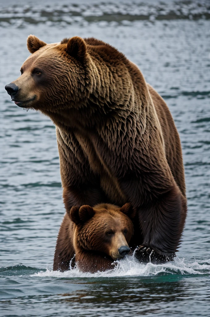 Cute old woman, 1920s flapper hair cut, White_curly_hair, blond eyebrows. Green eyes. in the woods. Excited face. The woman sits on top of a really big Brown bear. The bear is majestic. Power. Calm. Realistic. Romantic. The woman is Naked and is holding on to the bear firmly. Heavy raining. All is wet. A waterfall is visible in the background. Misty. Horny.