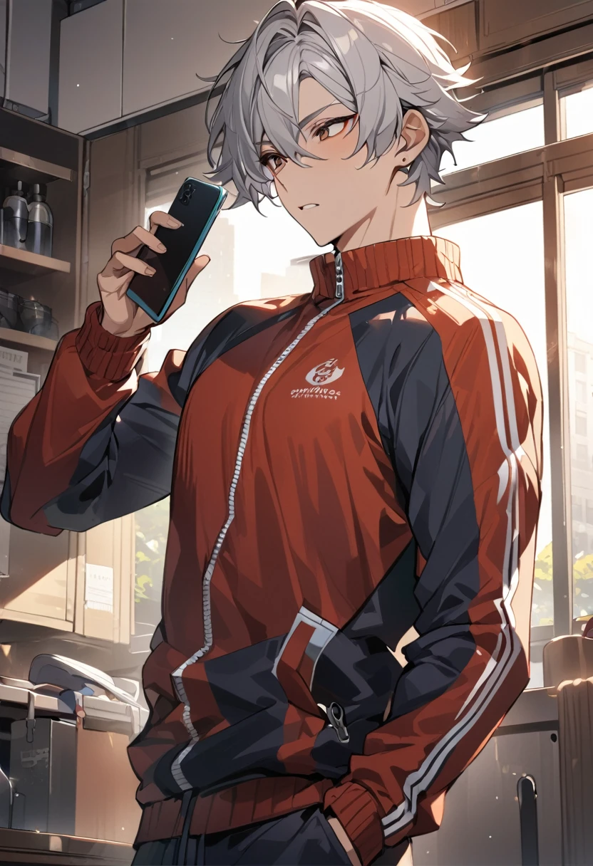 Detailed, masterpiece, 1 boy, anime boy, silver hair, brown eyes, 190cm tall, athletic, sporty, playing on the phone, tracksuit 