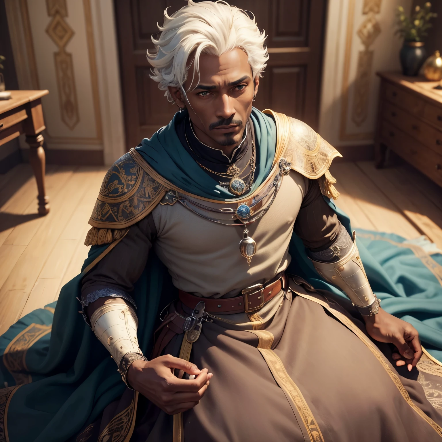 ((best quality)), ((masterpiece)), (detailed), Prize-winning works, with incredible details, maximum textures and details, uhd ,8K,super resolution ,depth of field, retina, masterpiece, anatomically correct, textured skin, super detail, high details, highres ,1 dark-skinned male advisor from a fantasy kingdom, a medieval nobleman, detailed medieval nobleman clothes ,(he has dark skin) he wears clothes crafted in noble medieval fabrics ((homem de 45 anos :1.1,detailedeyes, face detailed, whole body:1.1,the background is a royal palace )),(best qualityer:1.2,ultra detali:1.1,realisitic:1.37) ,eyeshadows,sharp focus,swirly vibrant colors,)