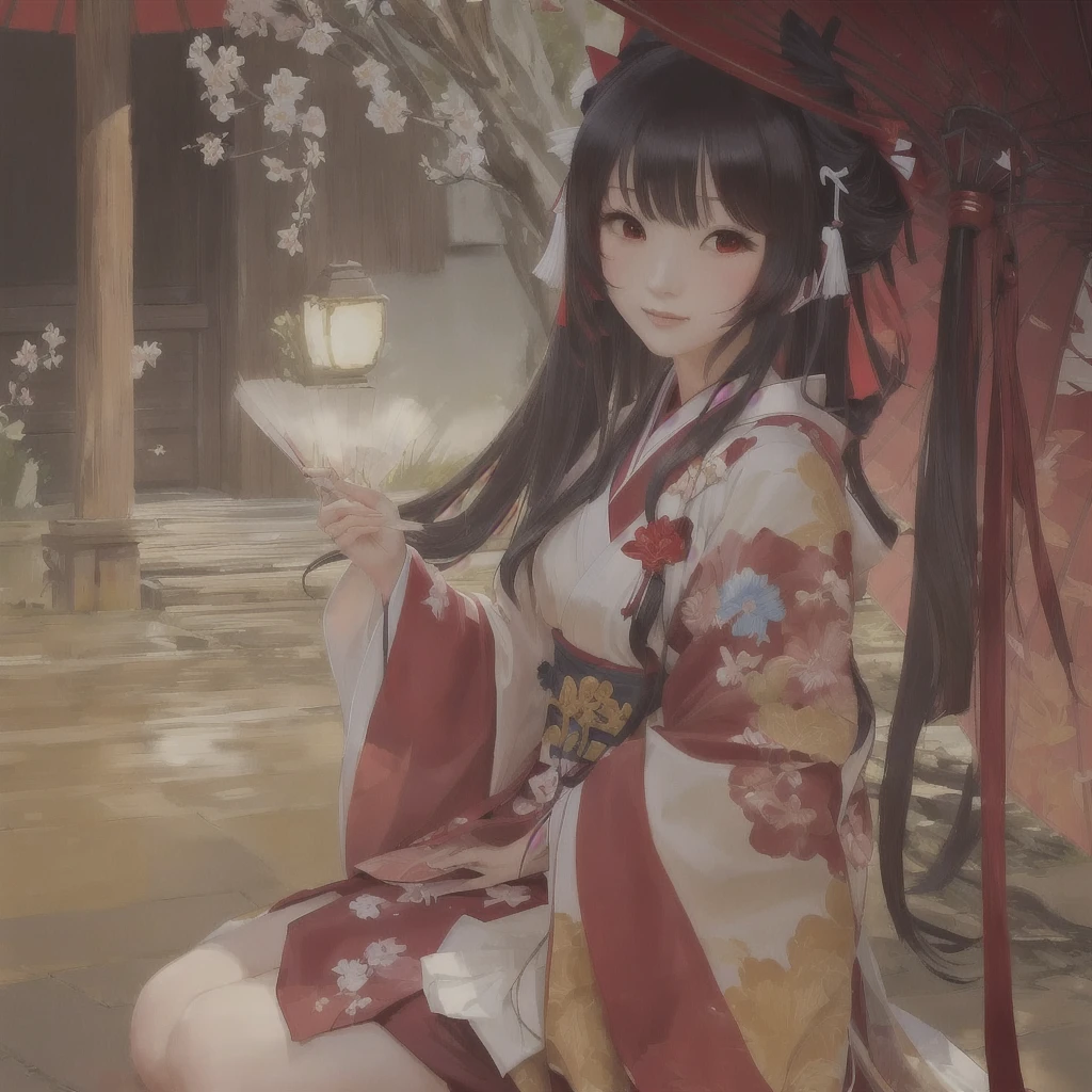Anime girl in a kimono sitting under a tree with a red umbrella, Artistic rendering of Reimu Hakurei, onmyoji, Gwaiz, onmyoji portrait, The Detailed Art of the Onmyoji, artwork in the style of Gwaiz, Gwaiz on pixiv artstation, Reimu Hakurei, Gwaiz on artstation pixiv