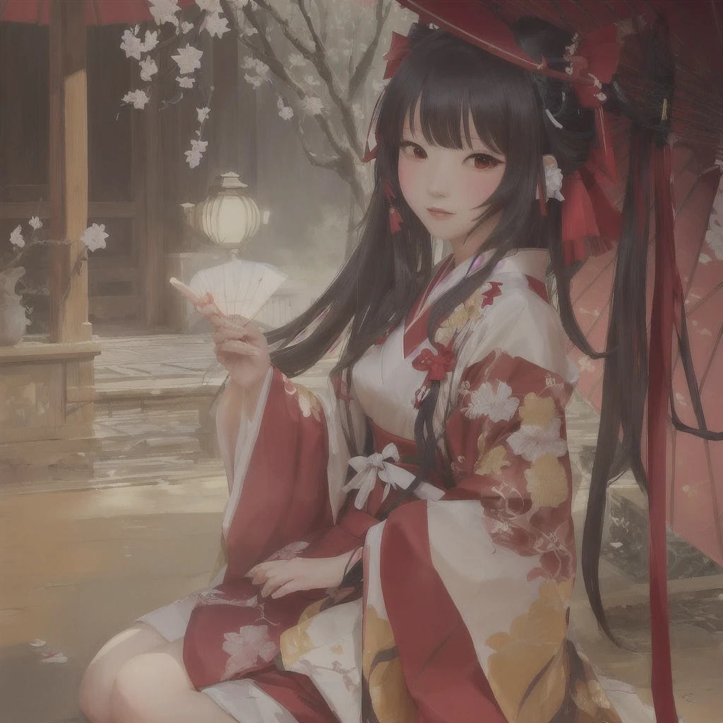 Anime girl in a kimono sitting under a tree with a red umbrella, Artistic rendering of Reimu Hakurei, onmyoji, Gwaiz, onmyoji portrait, The Detailed Art of the Onmyoji, artwork in the style of Gwaiz, Gwaiz on pixiv artstation, Reimu Hakurei, Gwaiz on artstation pixiv