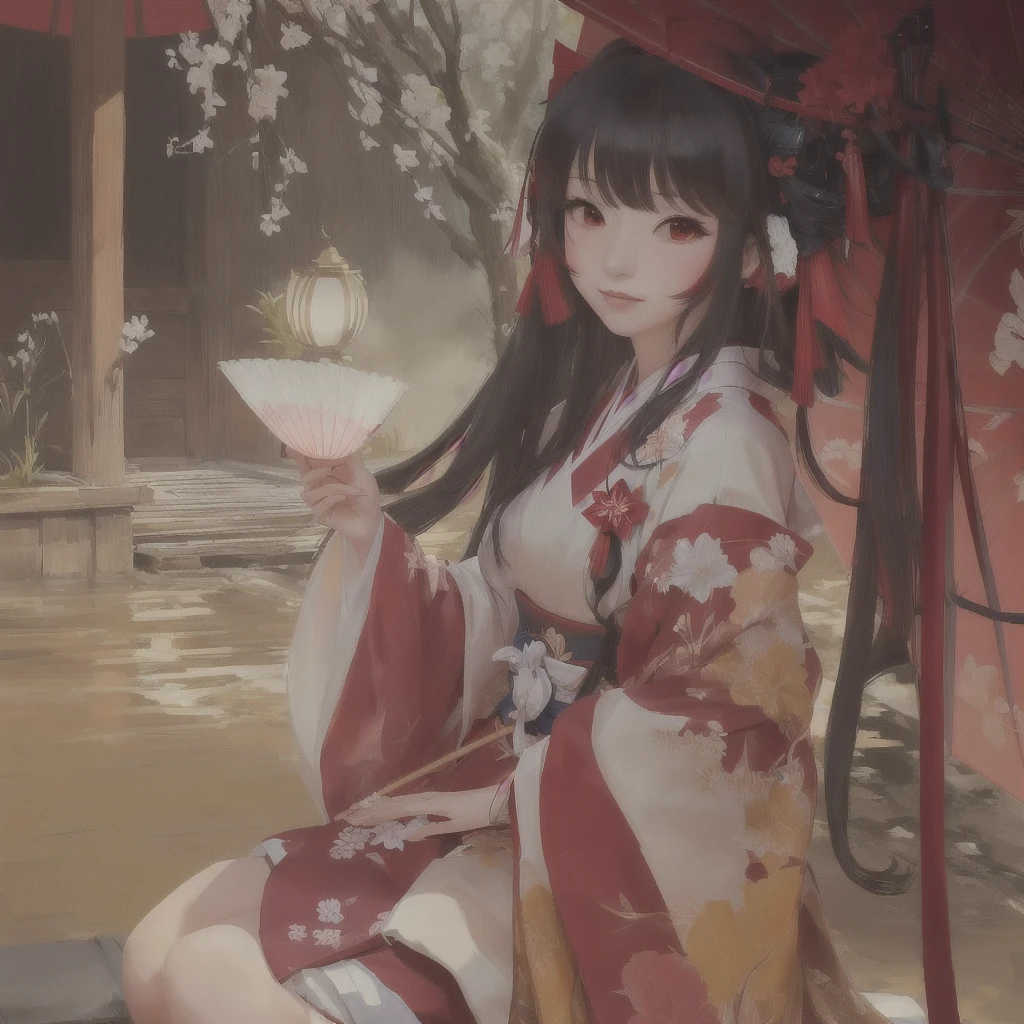 Anime girl in a kimono sitting under a tree with a red umbrella, Artistic rendering of Reimu Hakurei, onmyoji, Gwaiz, onmyoji portrait, The Detailed Art of the Onmyoji, artwork in the style of Gwaiz, Gwaiz on pixiv artstation, Reimu Hakurei, Gwaiz on artstation pixiv