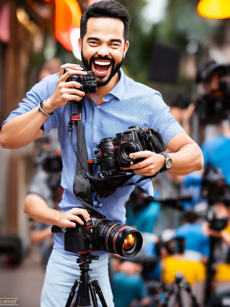 a man with a camera, man with camera, funny pose, amusing, laughing, goofy expression, silly, humorous, comical, carefree, happy, cheerful, joyful, playful, energetic, dynamic, vivid, vibrant colors, high quality, detailed, photorealistic, 8k, 4k, hyper realistic, masterpiece, studio lighting, professional photography