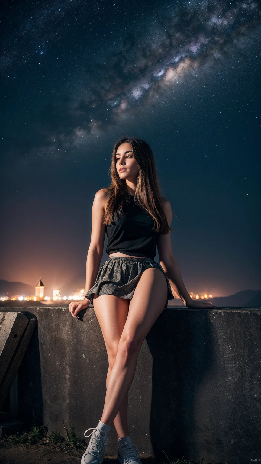 young woman:
beautiful, young, with expressive eyes and pleasant facial features.
Dressed in a short skirt, which highlights her slender legs.
Her clothes and appearance can be elegant, sporty or casual - depending on your idea.
atmosphere:
Mysterious atmosphere.
Sky with strong nebula, creating a feeling of depth and mysticism.
Maybe, presence of additional elements, such as:
Dark forest Old town Stars Surreal elements Feeling of mysticism and magic Additional details:

lighting: Soft, scattered, Maybe, from lanterns or stars.
outside: young woman может стоять, sit, thoughtfully, or look in the mirror.
emotions: reverie, tenderness, reverie, a secret.