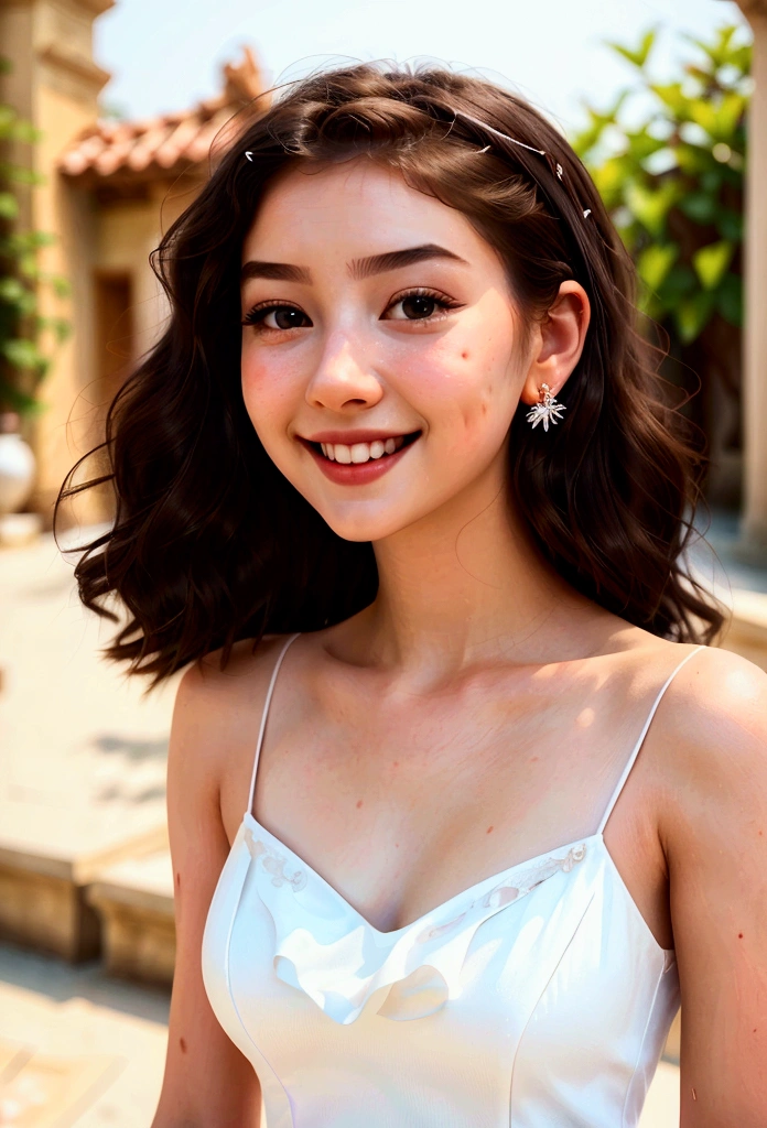 (Beautiful young woman_bright smile, girl in pure white dress, close-up angle_dancing charmingly with dreamy expression), highly detailed and realistic, masterpiece, illustration, 1 girl, high angle, messy long hair, top quality , highly detailed CG Unity 8k wallpapers, ink, amazing, movie lighting, lens flare, Dunhuang style,