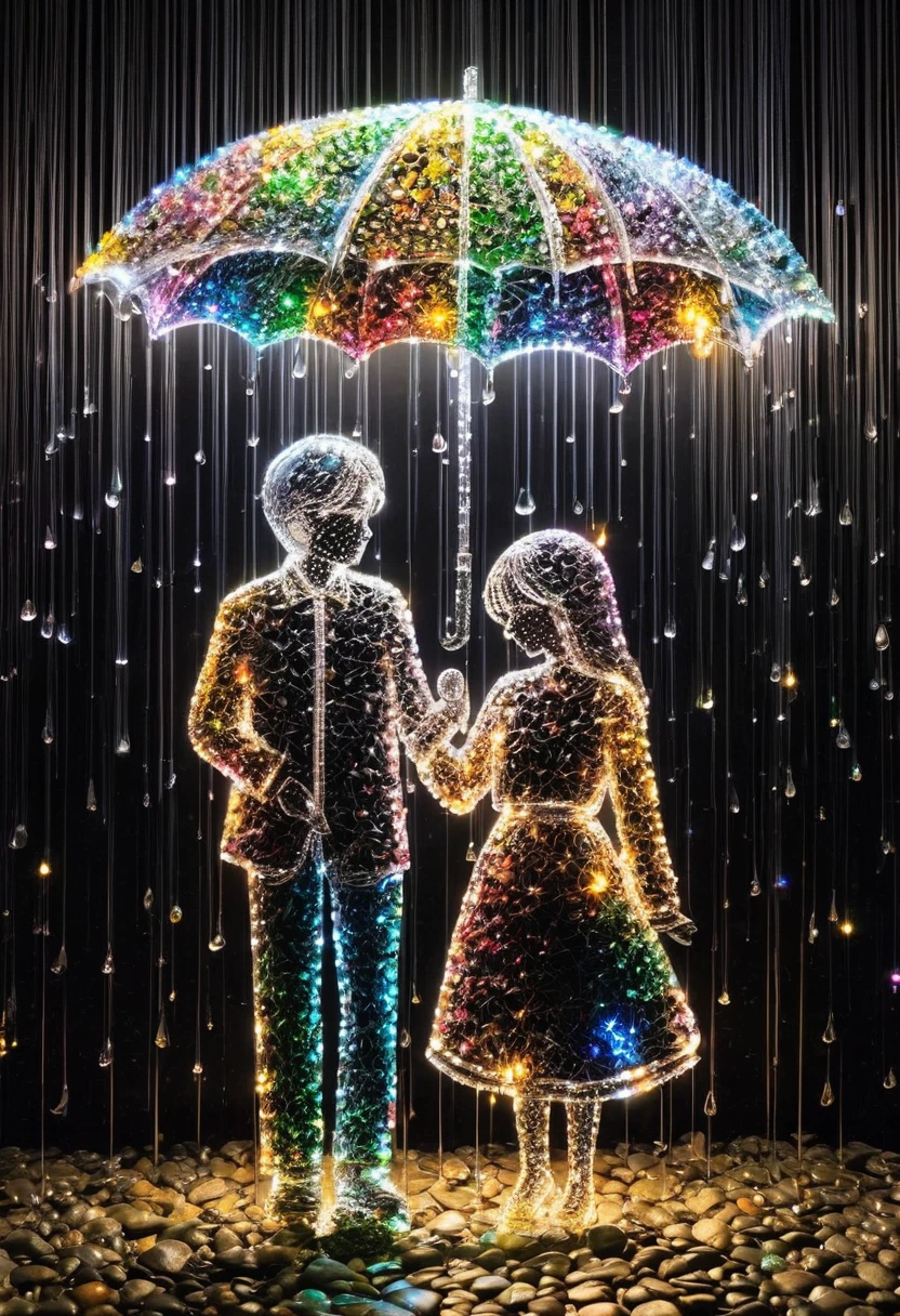 Crystal lighting effect Lights made of small colored stones combined with human shaped beam layer wire saw , in the rain、A man accidentally offered an umbrella to a sad-looking girl、A tender and gentle scene，It is skillfully shaped with thin rays of light...The background is a shiny black wall