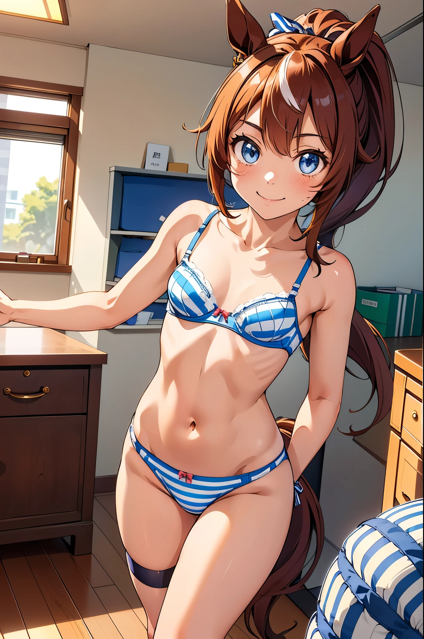 Tokai Teio \(umamusume\), ((Highly detailed eyes)), masterpiece, Highest quality, (abnormal body, Small , Horse tail,smile, (indoor, office, living room), whole body, frontage, Long ponytail, (Striped pantiesiped bra), (In underwear), (Flashy underwear), (lingerie),
