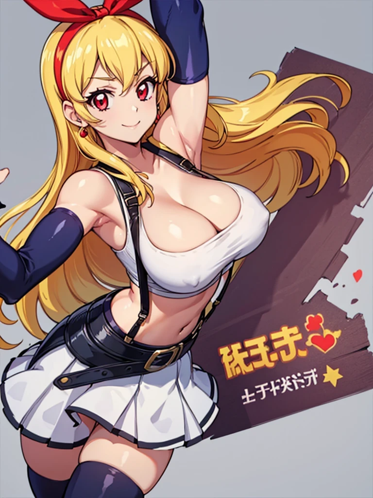 a sexy women with short white hair posing for a painting with fists up,1girl,gloves,long hair,skirt,jewelry,_breasts,solo,crop top,earrings,navel,fingerless gloves,suspenders,smile,tifa lockhart,looking at viewer,midriff,collarbone,thighhighs,(_large_breasts),simple background,bare shoulders,white background,cleavage,stomach,black hot Pants,low-tied long hair,taut clothes,suspender skirt,red gloves,closed mouth,blonde hair,belt,hot Pants,armpits,zettai ryouiki,bangs,(red ribbon on hairband:1.2),Ichigo Hoshimiya (Aikatsu!),tifa ff7