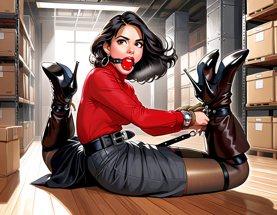 graphic novel illustration, photorealistic, full body of intrepid journalist and adventurer Paula Peril, long black flowing hair, nice brown eyes, wearing a tight fitting red turtlenck blouse with long sleeves, a charcoal pencil skirt with side slits held by a black leather belt with a silver buckle, sheer pantyhose, black boots, knee high boots, an elegant wristwatch, large silver ring earrings,  hogtied&gagged, red ball gag, intricate details, cinematic dimmed  lighting, amazing quality, amazing shading, detailed Illustration, wallpaper masterpiece, best quality, perfect hands, perfect heels, on the floor of the archive room of a large company which is located at the basement floor of a large corporate building with large racks of drawrers containing files background, many paper files are scattered around, bound with a lot of natural ropes, bound thighs, bound breasts, feet together, knees together, elbows together,feet linked to shoulders, shot from angle. She looks at you, her gaze angry