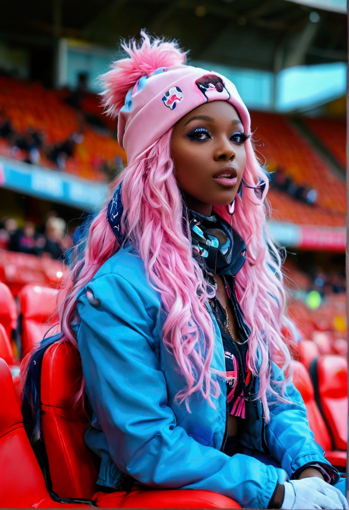A woman inside a football stadium with her long pink hair wearing a blue and pink coat with her wearing a light blue blouse wearing blue pants and no pink eyes and her wearing a dog collar with her having black skin with thorns with her having white gloves and her having a black skin she wearing a pink cap with her holding a microphone and a speaker and with her I have big breasts and a huge ass and big thighs and a huge hip