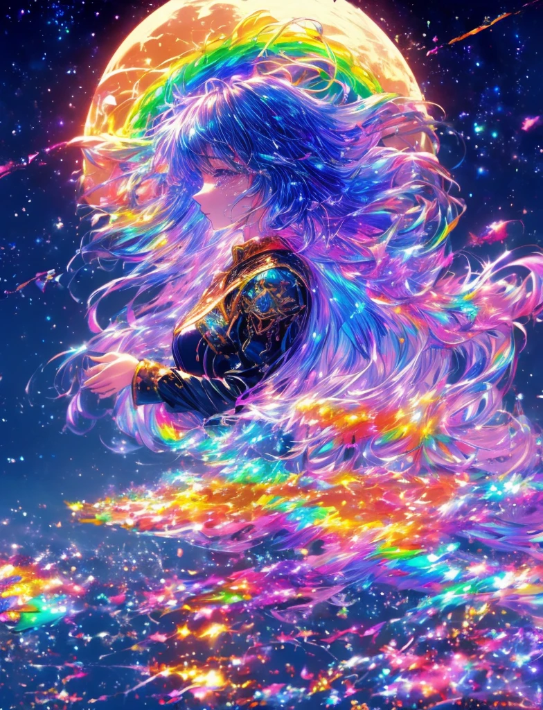 ((The pale yellow moon of a supergiant star))((A girl who looks up at her profile and is subjectively depicted))、((Crying girl))、Profile girls、On a multicolored background、Iridescent空に星と月が描かれた川の絵、Shining skyscrapers、Shine overall、Concept art inspired by Mitsuoki Tosa、pixiv contest winners、Highest quality、Fantasy art、Beautiful anime scene、Bright Moon、moonlight star environment、Dream painting、Anime Background Art、Fantasy Landscape Painting、Fantasy Knight、Anime Background、Background artwork、wonderful芸術、Atmospheric anime、Starry Sky、Detail enhancements、, Vibrant colors, Rainbow and sunshine shining.16K, Ultra-high resolution, Iridescent、to be born,wonderful ,future、Iridescent、The world 30 years from now。