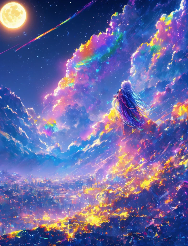 ((The pale yellow moon of a supergiant star))((A girl who looks up at her profile and is subjectively depicted))、((Crying girl))、Profile girls、On a multicolored background、Iridescent空に星と月が描かれた川の絵、Shining skyscrapers、Shine overall、Concept art inspired by Mitsuoki Tosa、pixiv contest winners、Highest quality、Fantasy art、Beautiful anime scene、Bright Moon、moonlight star environment、Dream painting、Anime Background Art、Fantasy Landscape Painting、Fantasy Knight、Anime Background、Background artwork、wonderful芸術、Atmospheric anime、Starry Sky、Detail enhancements、, Vibrant colors, Rainbow and sunshine shining.16K, Ultra-high resolution, Iridescent、to be born,wonderful ,future、Iridescent、The world 30 years from now。