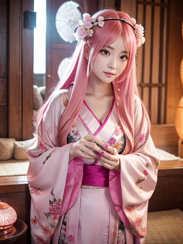 Occupation: fortune teller. Beautiful girl with long hair. Pink hair color. Large eyes. Innocent atmosphere. Sexy kimono-like outfit.