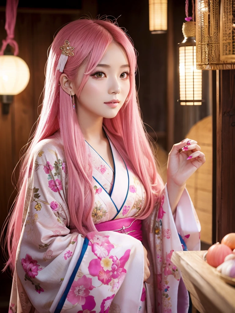 Occupation: fortune teller. Beautiful girl with long hair. Pink hair color. Large eyes. Innocent atmosphere. Sexy kimono-like outfit.