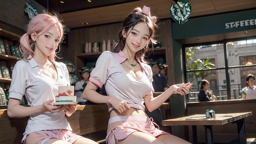 An incredible decision、(High resolution:1.5)、(masterpiece:1.4)、Ultra-detailed、Sharp details、Dramatic and realistic painting art、Everyone is wearing a fast food uniform(Shui Color、light yellow、White Beige、That's pink、Group of 5)All smiles、Random Hairstyles、Large Breasts