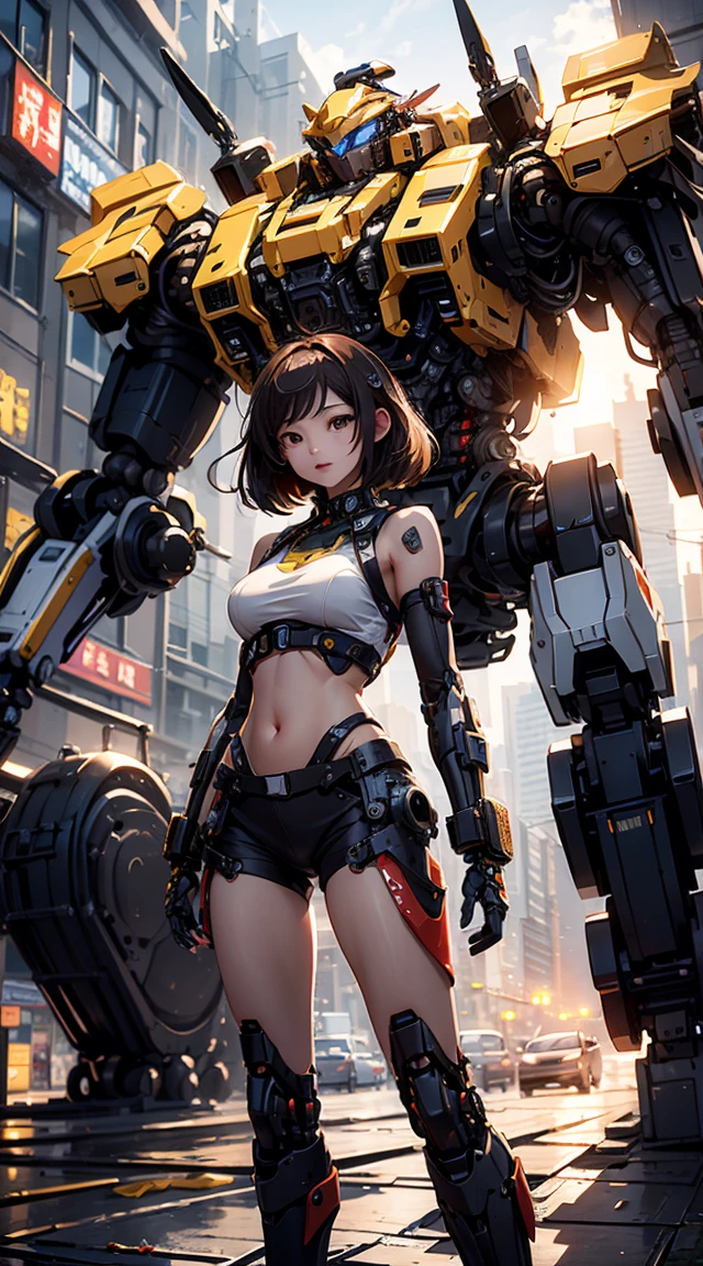 ((masterpiece, Highest quality)),figure,Ultra high definition 8K,Realistic,Sharp focus,Very detailed,Professional Lighting,Colorful details,Rainbow Light BREAK Extreme Long Shot of Factory,Construction of large mechanical robots,Microchip,computer,Shine,Interface details,Shitmeka,A girl stands in front of an audience,There are a lot of effects on the belly button in the background)