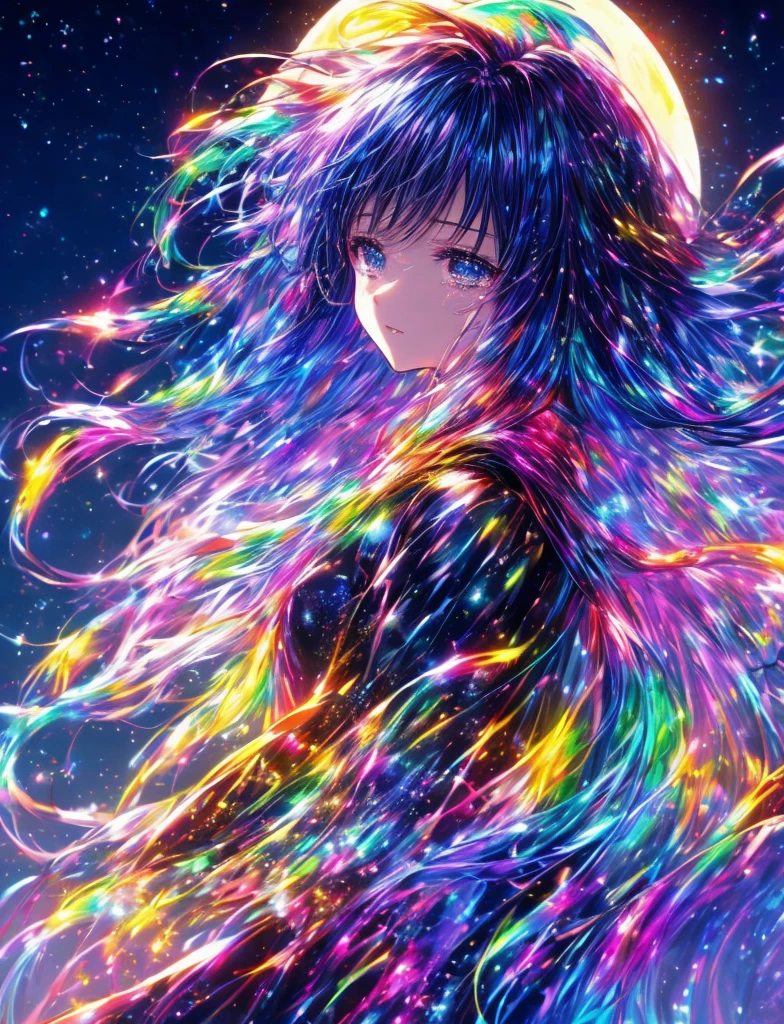 ((The pale yellow moon of a supergiant star))((A girl who looks up at her profile and is subjectively depicted))、((Crying girl))、Profile girls、On a multicolored background、Iridescent空に星と月が描かれた川の絵、Shining skyscrapers、Shine overall、Concept art inspired by Mitsuoki Tosa、pixiv contest winners、Highest quality、Fantasy art、Beautiful anime scene、Bright Moon、moonlight star environment、Dream painting、Anime Background Art、Fantasy Landscape Painting、Fantasy Knight、Anime Background、Background artwork、wonderful芸術、Atmospheric anime、Starry Sky、Detail enhancements、, Vibrant colors, Rainbow and sunshine shining.16K, Ultra-high resolution, Iridescent、to be born,wonderful ,future、Iridescent、The world 30 years from now。