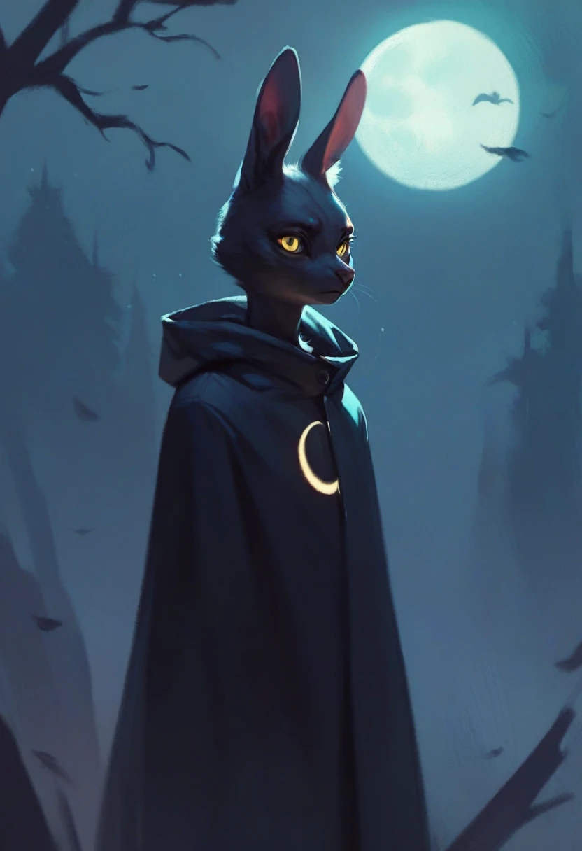 black furry bunny standing under the moonlight wearing a cloak and has glowing yellow eyes , dark background, high detail, no light, woods landscape in the middle of the night, mistic, full moon, moonlight, (flat shading:1.2), (minimalist:1.4)