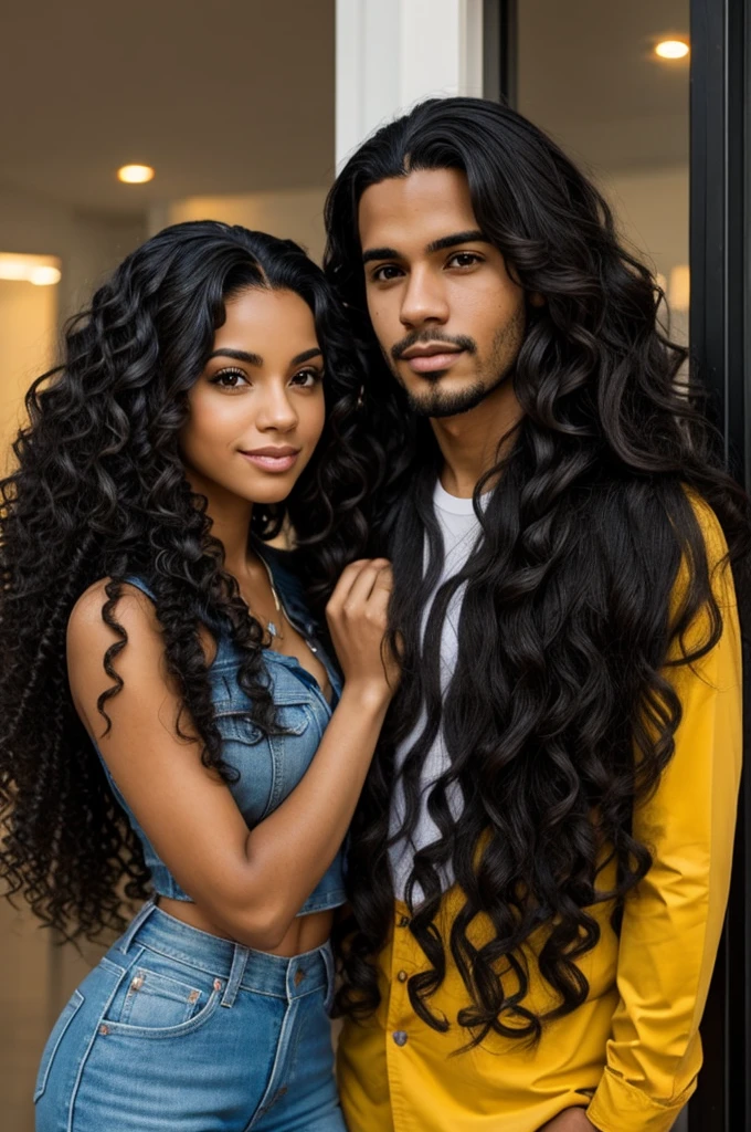 Tall Venezuelan mulatto man with short woman with long hair, black and wavy 