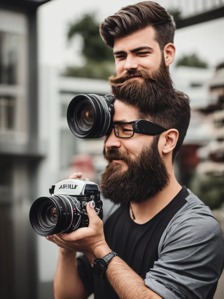 arafed funny picture of a man with a camera, short hair, short beard, fujifilm