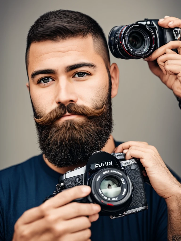 arafed funny picture of a man with a camera, short hair, short beard, fujifilm