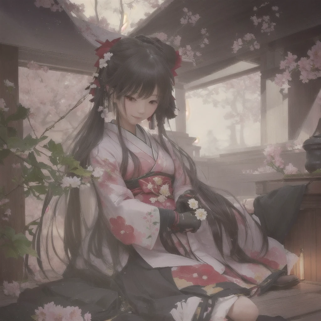Anime girl in kimono sitting on the floor holding flowers, Gwaiz on pixiv artstation, Gwaiz, Gwaiz on artstation pixiv, Artistic rendering of Reimu Hakurei, by Shimo, artwork in the style of Gwaiz, Zerochan Art, artstation pixivでトレンド