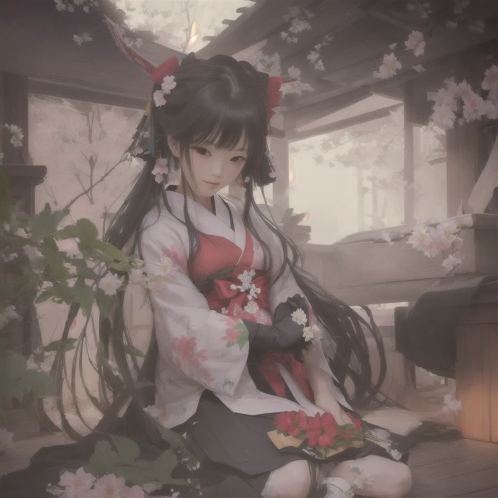 Anime girl in kimono sitting on the floor holding flowers, Gwaiz on pixiv artstation, Gwaiz, Gwaiz on artstation pixiv, Artistic rendering of Reimu Hakurei, by Shimo, artwork in the style of Gwaiz, Zerochan Art, artstation pixivでトレンド