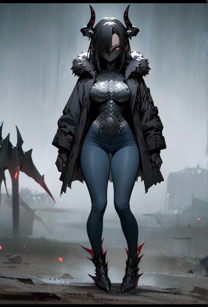 (High resolution, best quality, masterpiece), detailed, ultra detail, 1female, physically fit, curvy, slender body, fierce expression, dark eyes, (detailed eyes), Grey hair, short length hair, full body, ((dragon horns)), ((face: dragon scales)), face covered in scales, ((topwear: fur lined coat, bottomwear: tight jeans)), ashy background, part draconic, somber expression, inhuman, reptilian skin