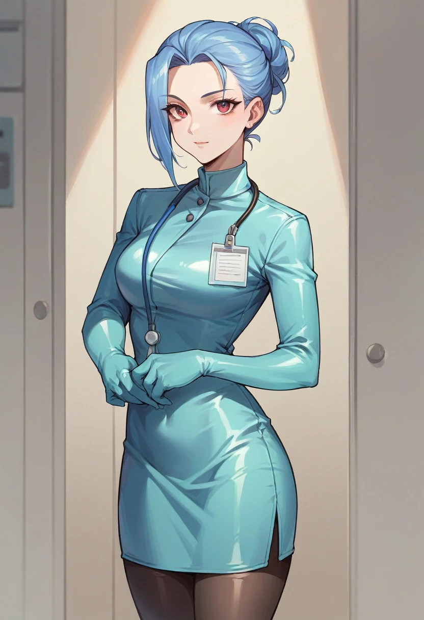 1girl, (( elbow gloves)), ((surgical gloves)), ((latex gloves)), ((long sleeves)), ((blue surgeon outfit)), ((doctor)), looking at viewer, standing, solo