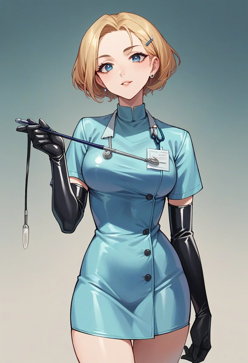 1girl, (( elbow gloves)), ((surgical gloves)), ((latex gloves)), ((long sleeves)), ((blue surgeon outfit)), ((doctor)), looking at viewer, standing, solo