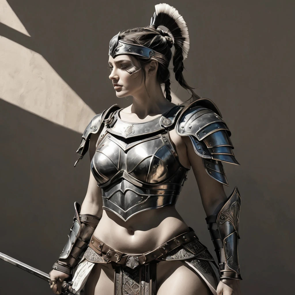 smooth lines, Express expressions and postures through ink contrast, The background is simple. emphasize light, shadow and space. ((full body):1.3), Drawing of Mature beauty. ((Detailed eye):1.3),((fresh)), wearing gladiator armor, painting, (best quality,4K,8k,high resolution,masterpiece:1.2),Super detailed,(actual,photoactual,photo-actual:1.37).