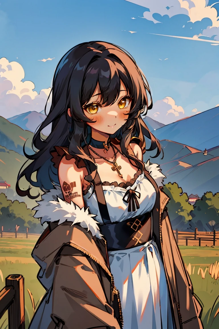 (masterpiece:1.2), (high quality:1.2), hui xiyi, rekkyo sensen, rekkyou sensen, (long wavy hair, one side up:1.54), solo focus, hand up, waving, girls with((black hair, bare shoulders, breasts,choker, cleavage,coat,collar,collarbone,cowboy shot, dress, frills, fur, fur collar, fur trim, hood down, hooded jacket, hoodie, jacket, large breasts, long hair, long sleeves, belt, suspenders, medium breasts, medium hair, necklace, open clothes, open hoodie, sleeveless, solo, winter clothes, zipper, facial mark, tattoo, upper body)), background with ((architecture, blue sky, bush, castle, village, no humans, cloud, cloudy sky, day, fence, field, garden, grass, hill, house, lamppost, landscape, mountain, mountainous horizon, nature, no humans, outdoors, scenery, shrine, sky, tower))