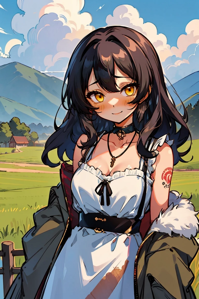 (masterpiece:1.2), (high quality:1.2), hui xiyi, rekkyo sensen, rekkyou sensen, (long wavy hair, one side up:1.54), solo focus, hand up, waving, girls with((black hair, bare shoulders, breasts,choker, cleavage,coat,collar,collarbone,cowboy shot, dress, frills, fur, fur collar, fur trim, hood down, hooded jacket, hoodie, jacket, large breasts, long hair, long sleeves, belt, suspenders, medium breasts, medium hair, necklace, open clothes, open hoodie, sleeveless, solo, winter clothes, zipper, facial mark, tattoo, upper body)), background with ((architecture, blue sky, bush, castle, village, no humans, cloud, cloudy sky, day, fence, field, garden, grass, hill, house, lamppost, landscape, mountain, mountainous horizon, nature, no humans, outdoors, scenery, shrine, sky, tower))
