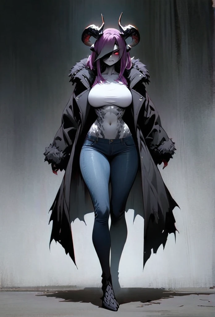 (High resolution, best quality, masterpiece), detailed, ultra detail, 1female, physically fit, curvy, slender body, fierce expression, dark eyes, (detailed eyes), Purple hair, short length hair, full body, ((dragon horns)), ((face: dragon scales)), face covered in scales, ((topwear: fur lined coat, bottomwear: tight jeans)), ashy background, part draconic, somber expression, inhuman, reptilian skin
