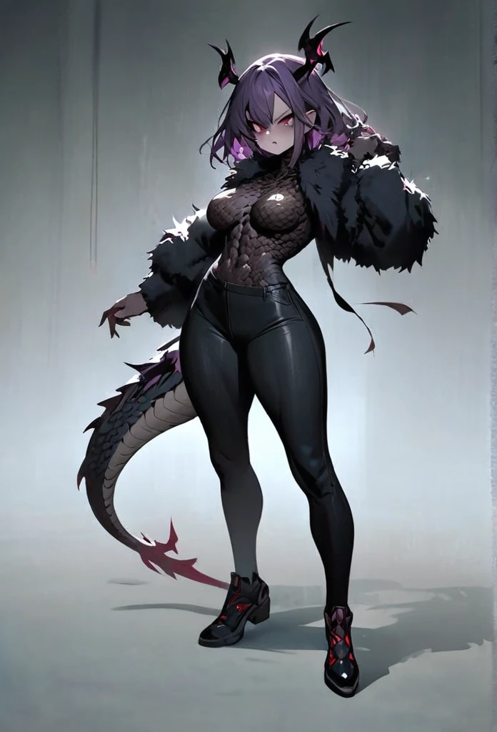 (High resolution, best quality, masterpiece), detailed, ultra detail, 1female, physically fit, curvy, slender body, fierce expression, dark eyes, (detailed eyes), Purple hair, short length hair, full body, ((dragon horns)), ((face: dragon scales)), face covered in scales, ((topwear: fur lined coat, bottomwear: tight jeans)), snowy background, part draconic, somber expression, inhuman, reptilian skin