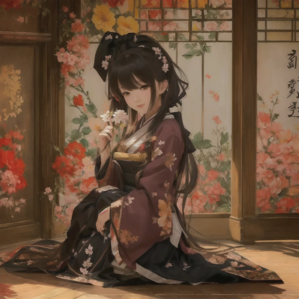 Anime girl sitting on the floor with flowers in her hands, Anime Art Wallpapers 8K, anime art wallpaper 4k, anime art wallpaper 4k, Gwaiz on pixiv artstation, Anime Style 4k, palace , Girl in Hanfu, everyone, Gwaiz, Half Yamada, Gwaiz on artstation pixiv
