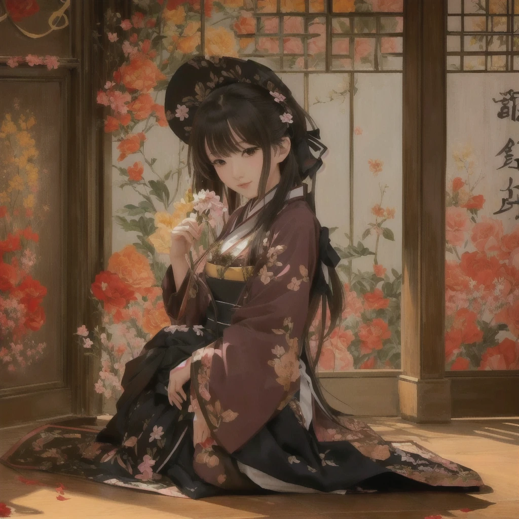 Anime girl sitting on the floor with flowers in her hands, Anime Art Wallpapers 8K, anime art wallpaper 4k, anime art wallpaper 4k, Gwaiz on pixiv artstation, Anime Style 4k, palace , Girl in Hanfu, everyone, Gwaiz, Half Yamada, Gwaiz on artstation pixiv