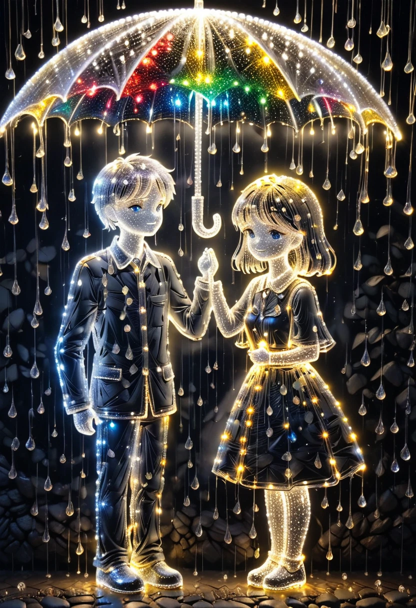 Crystal lighting effect Lights made of small colored stones combined with human shaped beam layer wire saw , in the rain、A man accidentally offered an umbrella to a sad-looking girl、A tender and gentle scene，It is skillfully shaped with thin rays of light...The background is a shiny black wall