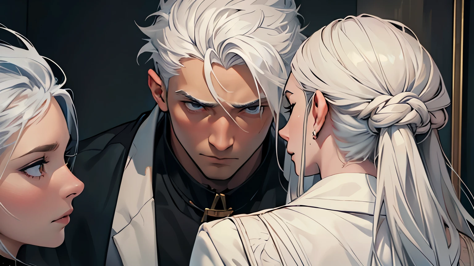 ((best quality)), ((work of art)), ((detailed)), young man with white hair, between two women, ((man with a nervous expression)), both women staring at him intently, focus only on the faces