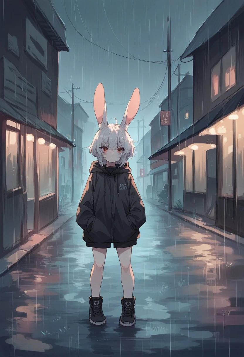 Girl 16 years old, standing on the street, It's raining outside, night, Rabbit Girl, hooded girl with bunny ears, bunny ears on the hood, White hair, Rabbit Girl под дождем на улице, stands with his back to the viewer, gloomy